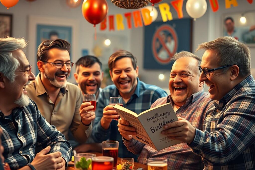 Männer lachen über lustige Geburtstagswünsche auf einer Feier