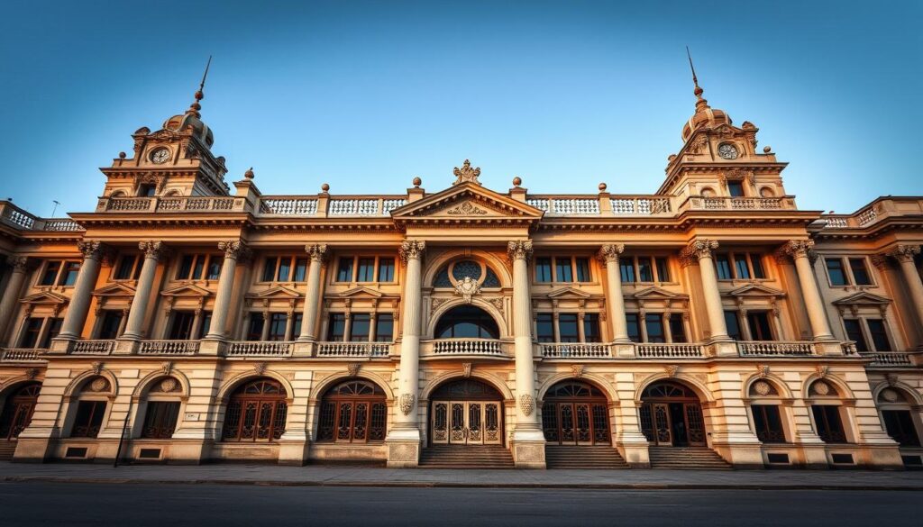 Majestic Cazino din Constanța, its grand neoclassical architecture standing tall on the Bulevardul Regina Elisabeta. Intricate columns and ornate facades exude an air of opulence and elegance, hinting at the lavish past of this once-thriving casino. Capture the building's striking symmetry, the interplay of light and shadow accentuating its ornamental details. Depict the grandeur of the main entrance, with its ornate archways and decorative moldings. In the background, the building's weathered exterior suggests the passage of time, a melancholic reminder of its abandoned state. Convey a sense of nostalgic grandeur, a snapshot of this architectural gem frozen in its twilight.