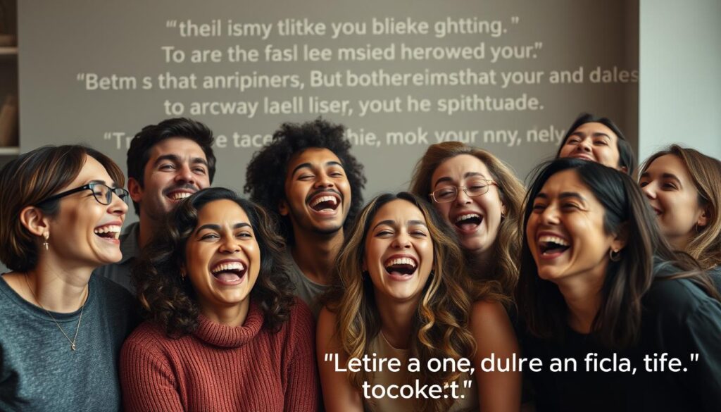 Menschen lachen gemeinsam über lustige Sprüche