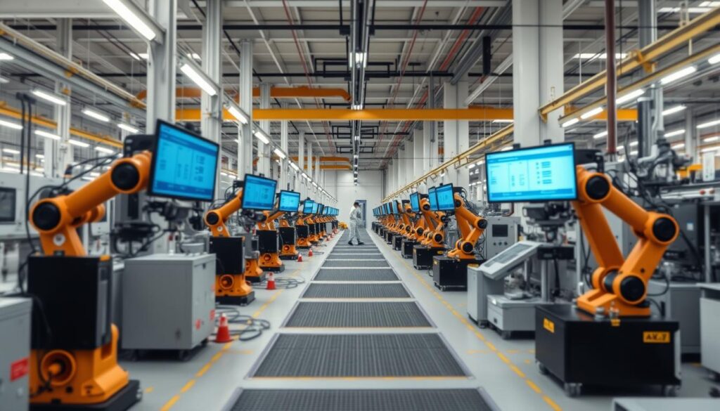 Moderne Industrie 4.0 Fabrik mit Robotern und digitaler Vernetzung als aktuelle Phase der Industrialisierung Moderne Industrie 4.0 Fabrik mit Robotern und digitaler Vernetzung als aktuelle Phase der Industrialisierung