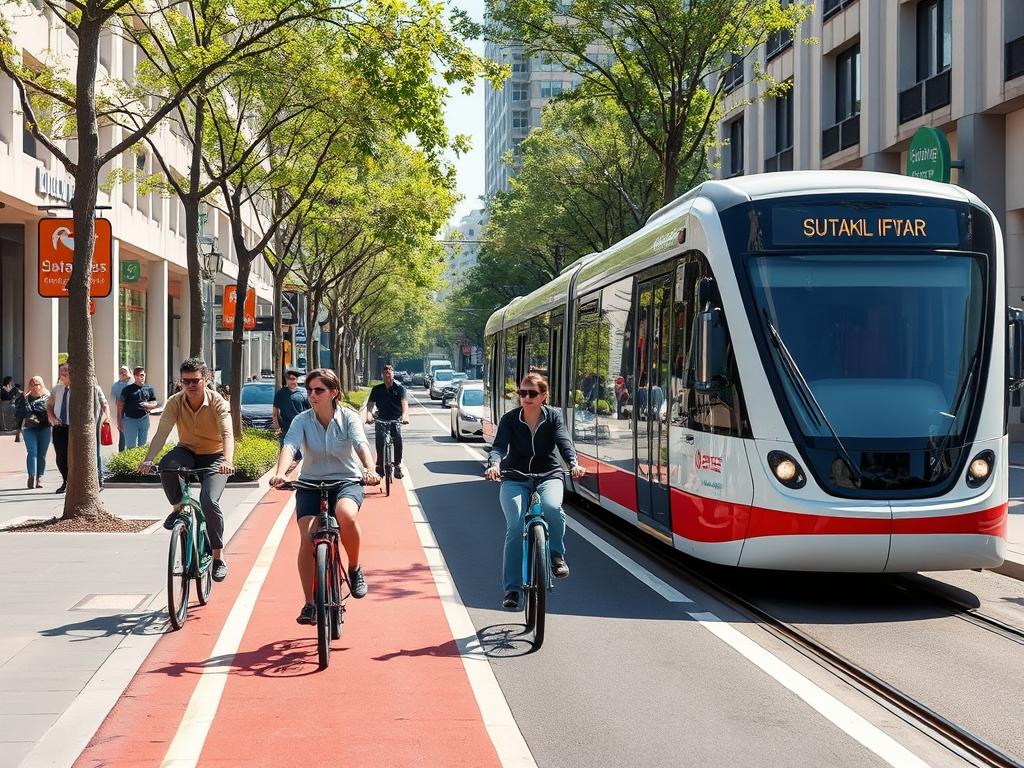 Nachhaltige Mobilität: Fahrradfahrer und öffentliche Verkehrsmittel als umweltfreundliche Alternativen zum Auto Nachhaltige Mobilität: Fahrradfahrer und öffentliche Verkehrsmittel als umweltfreundliche Alternativen zum Auto