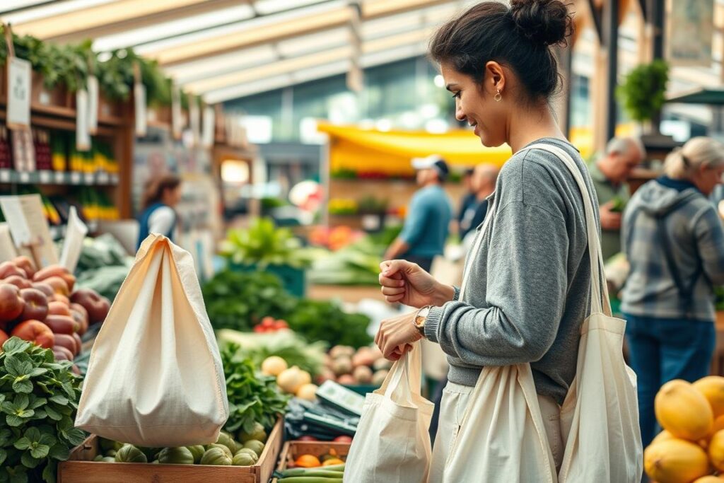 Nachhaltigkeit im Alltag: Person beim Einkaufen mit Stoffbeuteln und beim Auswählen regionaler, unverpackter Produkte Nachhaltigkeit im Alltag: Person beim Einkaufen mit Stoffbeuteln und beim Auswählen regionaler, unverpackter Produkte