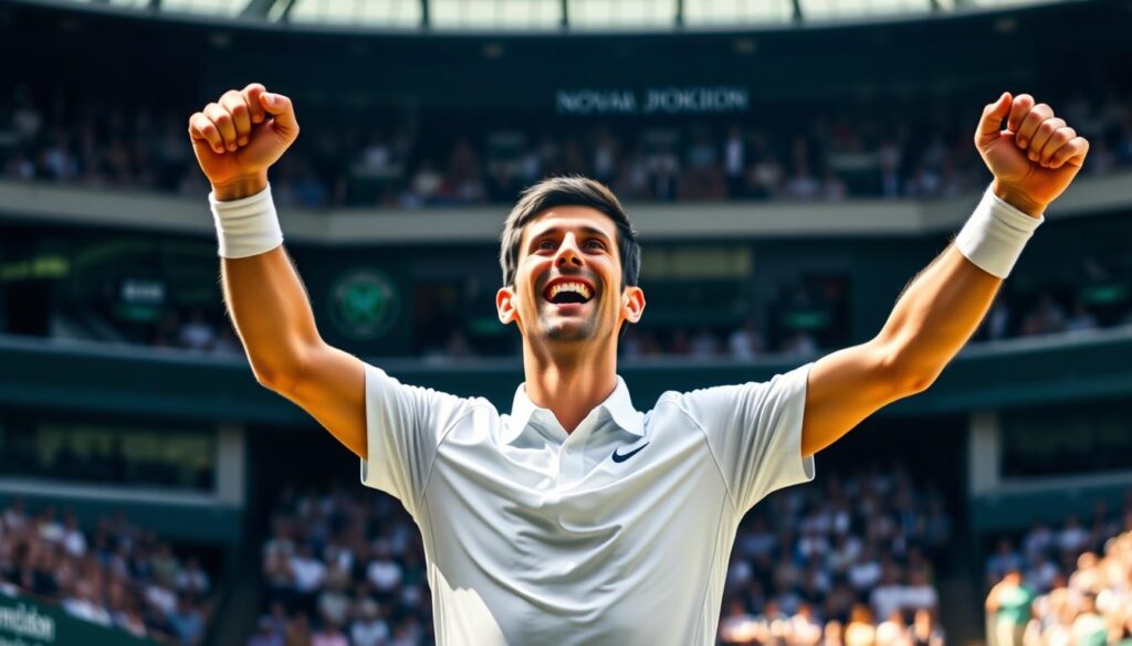 Novak Djokovic stands on the Wimbledon court, arms raised in a triumphant jubilation gesture. His face is flushed with exhilaration, eyes focused, teeth bared in a wide, celebratory grin. The stadium backdrop is blurred, emphasizing the intensity of the moment. Dramatic lighting casts sharp shadows, adding depth and drama to the scene. The camera angle is slightly elevated, giving a sense of the player's dominance and the magnitude of his achievement. The image conveys a powerful, emotive moment, reflecting the controversy and passion surrounding Djokovic's unique victory celebration.