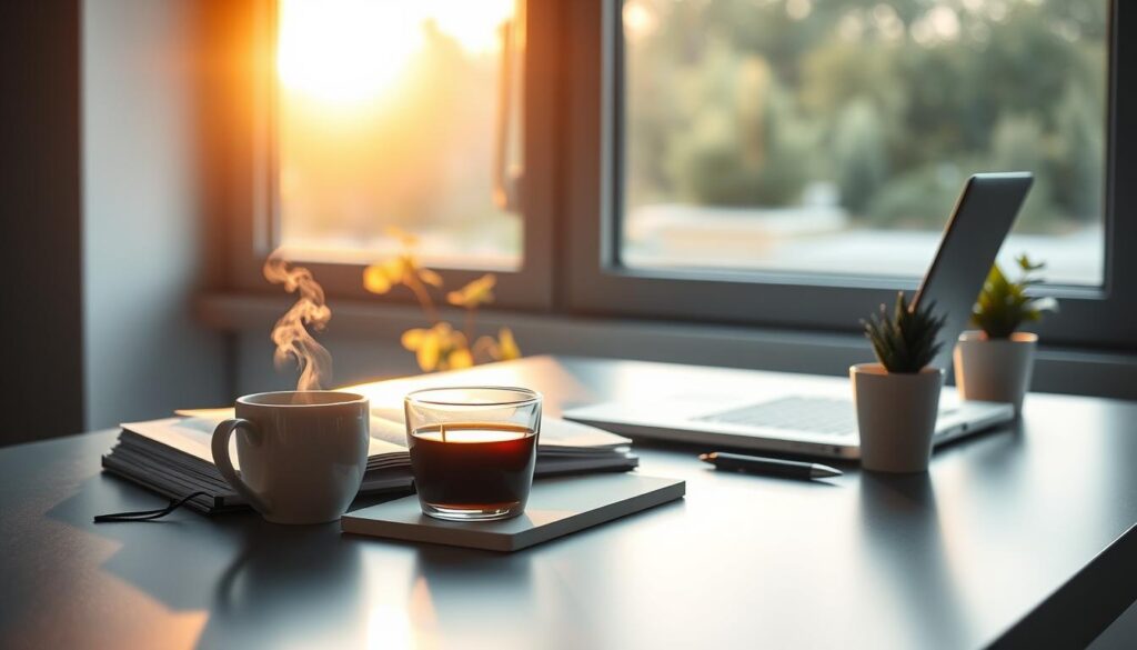 Optimale Kaffeezeit Chronobiologie: A tranquil morning scene with a warm, golden light filtering through a window, illuminating a sleek, minimalist desk. On the desk, a steaming cup of freshly brewed coffee sits next to a scientific journal, a laptop, and a small potted plant. The composition emphasizes the balance between productivity, relaxation, and the circadian rhythm that governs our optimal times for cognitive function and energy levels. The image conveys a sense of focus, clarity, and the harmonious integration of work, life, and the natural cycles that sustain us.