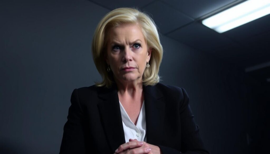 Pam Bondi, former Florida Attorney General, sits in a dimly lit interview room, her stern expression conveying a sense of unease. The cool, fluorescent lighting casts sharp shadows across her face, highlighting her piercing gaze. Bondi is positioned against a plain, gray backdrop, her conservative blazer and crisp, white blouse a stark contrast to the somber setting. The camera angle is slightly low, suggesting a position of authority, as Bondi leans forward, hands clasped, ready to deliver her explanation. The atmosphere is one of tension and scrutiny, capturing the weight of the moment as she addresses the missing footage from the Epstein case.