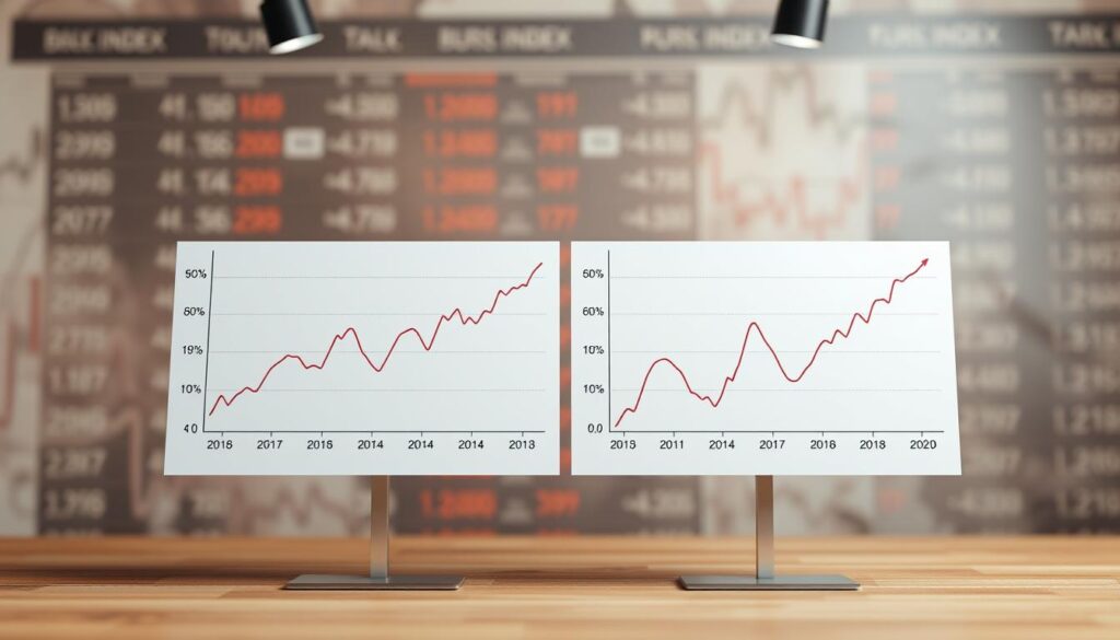 Performance-Index and Kursindex charts displayed side-by-side against a muted, stock market-inspired backdrop. The charts should have clean, minimalist designs with clearly labeled axes and data points. Employ a warm, inviting color palette that suggests stability and reliability. The overall scene should convey a sense of informative, data-driven comparison, allowing the viewer to easily grasp the relationship between the two indexes. Subtle depth-of-field blur helps focus attention on the central charts. Realistic lighting from an overhead, studio-style setup casts gentle shadows and highlights the charts' details. The composition should be balanced and aesthetically pleasing, serving as an effective visual aid for the article's section on index comparisons.