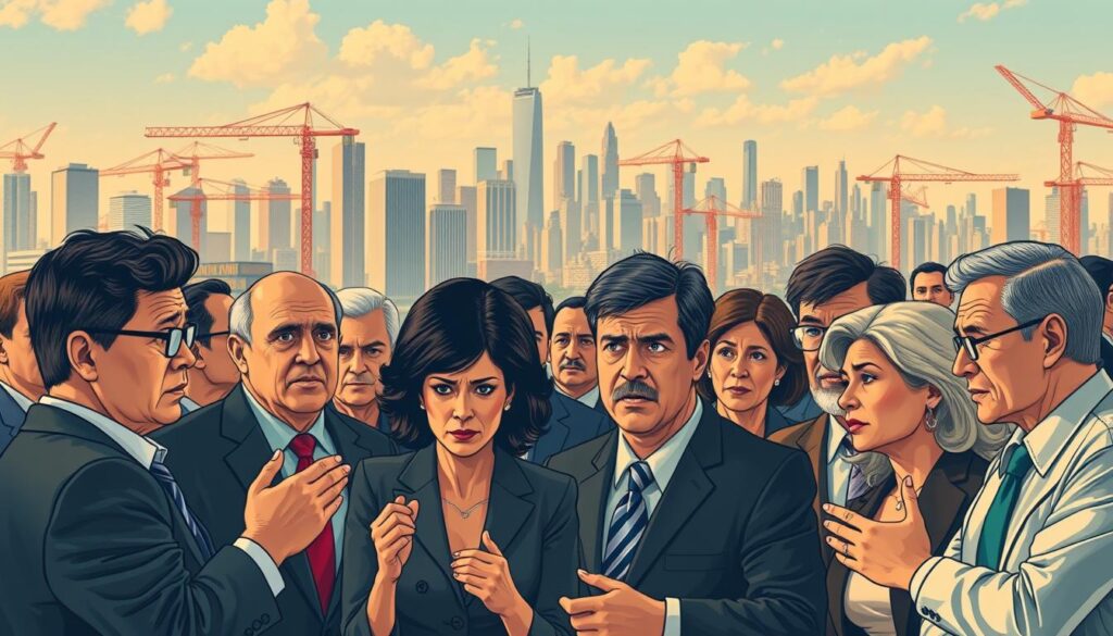Reactions to Tariffs: A Vibrant Illustration A bustling cityscape, with skyscrapers and cranes in the background, serves as the backdrop. In the foreground, a diverse group of international businesspeople and policymakers engage in animated discussions. Gestures of concern, frustration, and contemplation fill the scene, capturing the dynamic reactions to the imposition of new tariffs. Warm lighting casts a sense of urgency, while strategic camera angles and depth of field draw the viewer's attention to the central figures and their expressions. The overall composition conveys the complex and multifaceted nature of the global economic responses to the changing trade landscape.