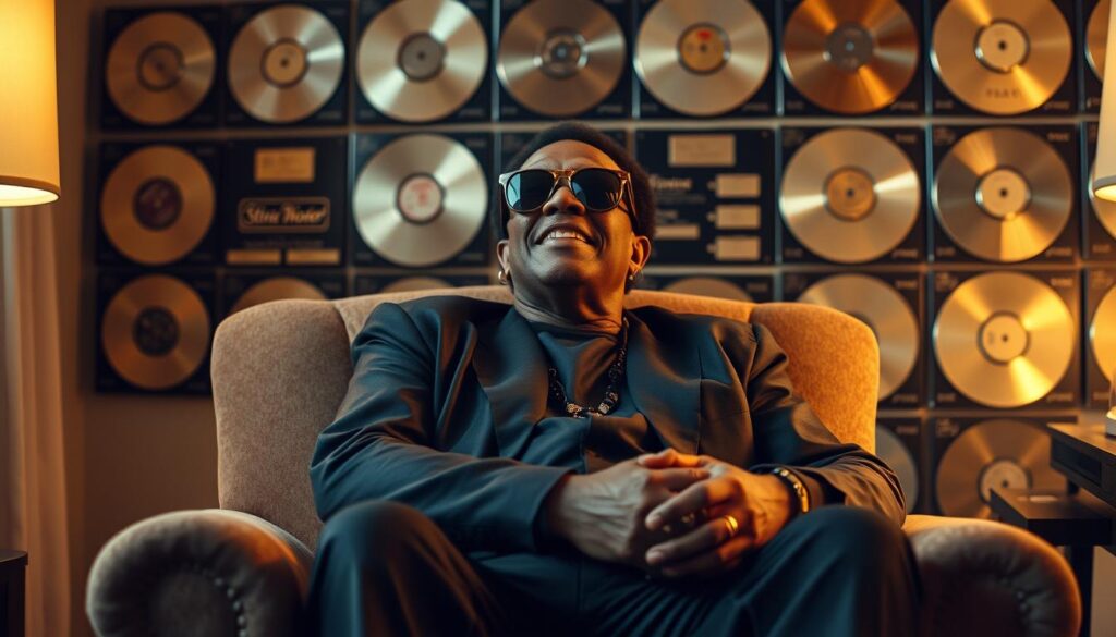 Stevie Wonder sitting comfortably in a plush armchair, his hands resting on his knees, with a pensive yet content expression on his face. The lighting is soft and warm, creating a cozy, introspective atmosphere. In the background, a wall of gold and platinum records, representing his incredible musical legacy and commercial success. The overall scene conveys a sense of Stevie Wonder's immense wealth and influence, without being ostentatious or flashy. The image is captured with a medium shot, using a slightly elevated camera angle to create a sense of power and authority.