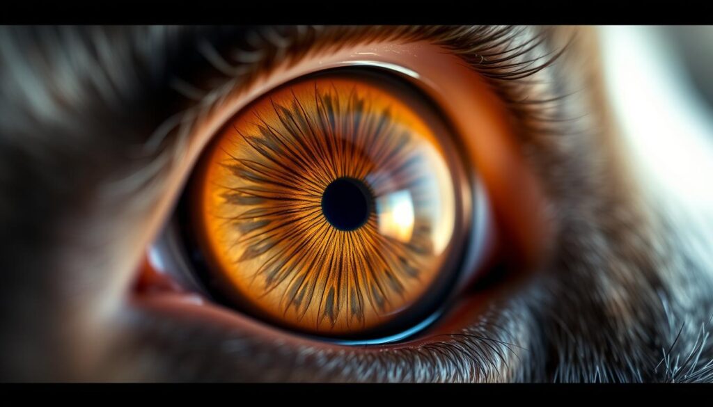 Struktur des Hundeauges: A detailed close-up view of the intricate anatomy of a dog's eye, showcasing the complex layered structure. The iris with its radial patterns, the pupil dilated to reveal the lens and vitreous humor, and the delicate sclera and conjunctiva surrounding the eye. Soft natural lighting from the side illuminates the textures and highlights the nuances of color vision in canines. Captured with a macro lens to emphasize the scientific precision and beauty of this specialized sensory organ.