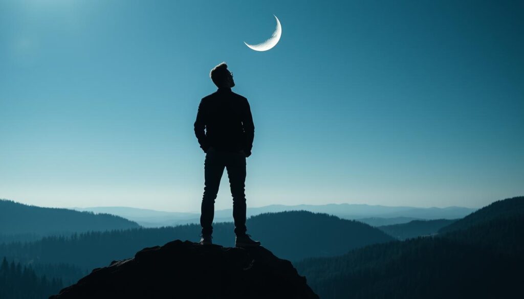 Two men, their silhouettes standing tall against the backdrop of a serene, moonlit landscape. The pair gaze upwards, transfixed by the ethereal glow of the crescent moon, its soft light casting a romantic, almost ethereal atmosphere. The men are situated on a rocky outcrop, surrounded by the rolling hills and dense forests of a German Romantic landscape. Shadows play across their features, creating a sense of contemplation and wonder as they behold the celestial sight before them. The scene is bathed in a cool, bluish hue, with subtle highlights and textures that evoke the sublime beauty of the natural world. This is a timeless moment of introspection and appreciation for the wonders of the night sky, captured with the masterful touch of a true Romantic artist.