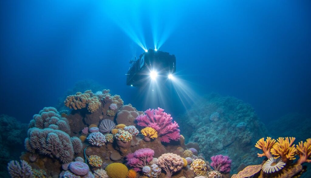 Underwater scientific expedition into the depths of the Mariana Trench, capturing the awe-inspiring discoveries of the deep sea. A research submersible navigates through a serene, azure haze, its powerful lights illuminating the alien landscape below. Colorful corals, bizarre creatures, and geological wonders unfold in mesmerizing detail, showcasing the incredible biodiversity and untapped potential of this enigmatic realm. Beams of light pierce the murky waters, casting an ethereal glow upon the scene. The overall mood is one of wonder, exploration, and the thrill of uncovering the secrets of the ocean's abyssal zone.