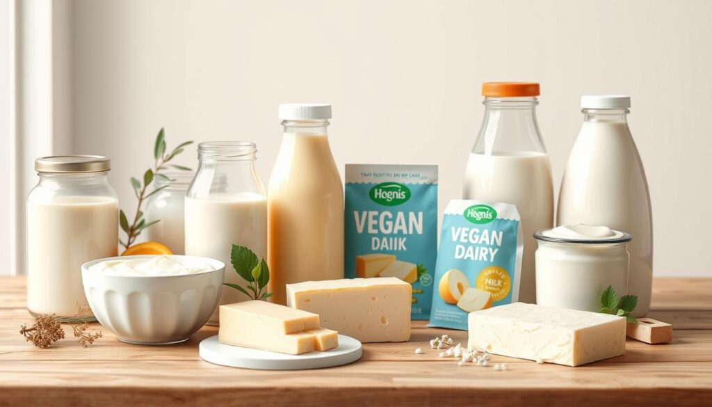 a detailed and realistic digital illustration of various healthy and nutritious vegan dairy products, such as plant-based milk, cheese, yogurt, and butter, arranged neatly on a wooden table or surface. The products should be showcased in a clean, well-lit setting, with soft, diffused lighting highlighting their natural colors and textures. The background should be minimalist and uncluttered, allowing the vegan dairy items to be the focal point. The overall mood should convey a sense of health, wellness, and the benefits of adopting a plant-based diet. The image should avoid any text or branding, focusing solely on the visual representation of the vegan dairy products.