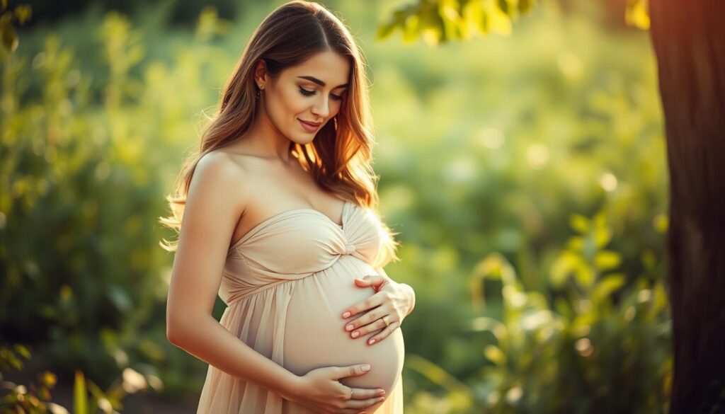 A beautiful, pregnant Paulina Pilch stands in a serene, natural setting. Soft, warm lighting bathes her face, highlighting her serene expression and delicate features. Her hand rests gently on her swollen belly, conveying a sense of tranquility and anticipation. The lush, verdant background creates a calming, earthy atmosphere, while the slightly soft, dreamy focus adds an intimate, emotional quality to the scene. Paulina's elegant, flowing dress complements the natural setting, and the overall composition exudes a sense of grace, joy, and the wonder of new life.