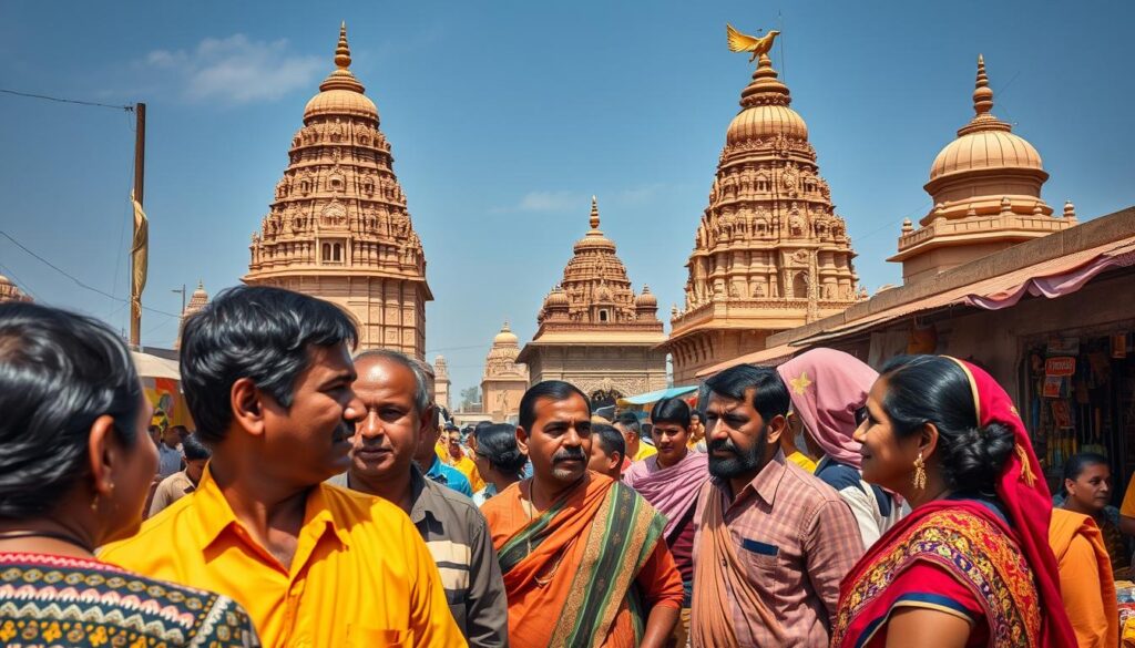 A bustling Indian marketplace, with vibrant stalls and colorfully dressed people of diverse castes interacting, set against the backdrop of ornate temple architecture and a clear blue sky. In the foreground, a group of people from different castes engage in conversation, their faces expressing a mix of tradition and modernity. The middle ground features a colorful array of wares, from spices and textiles to handcrafted goods, reflecting the economic interdependence of the caste system. The background showcases the grandeur of Hindu temples, their intricate carvings and domes symbolizing the enduring cultural heritage. Warm, diffused lighting illuminates the scene, creating a sense of timelessness and the enduring legacy of the caste system in Indian society.