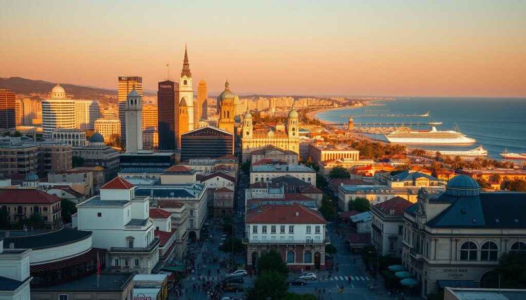 A busy city skyline at golden hour, showcasing the diverse architectural styles and iconic landmarks of a popular tourist destination. In the foreground, bustling streets teeming with people, cafes, and shops. In the middle ground, towering hotels, museums, and historic landmarks. In the background, a picturesque coastline with crystal-clear waters and boats dotting the horizon. Warm, saturated tones create a vibrant, lively atmosphere, capturing the essence of a thriving tourist hotspot.