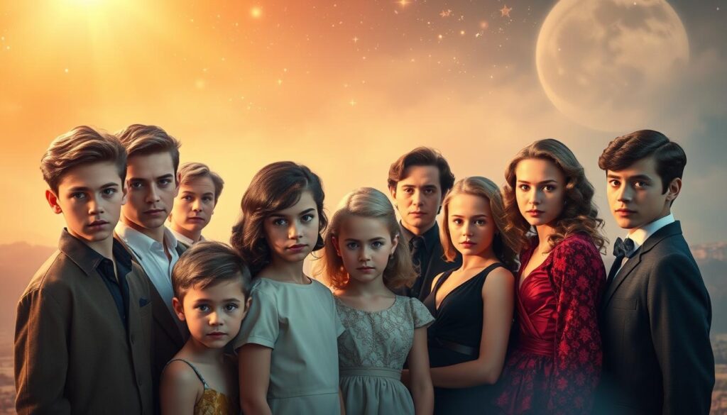 A celestial scene of "kinderstars" - a cluster of young, vibrant actors in the golden age of cinema. In the foreground, a charismatic ensemble gazes intently, their faces illuminated by a warm, soft light that captures their youthful exuberance. In the middle ground, the stars are posed gracefully, their elegant costumes and refined expressions conveying a sense of timeless glamour. The background is a hazy, dreamlike landscape, suggesting the boundless possibilities of the entertainment industry. The overall mood is one of nostalgia, wonder, and the enduring allure of Hollywood's most captivating personalities.