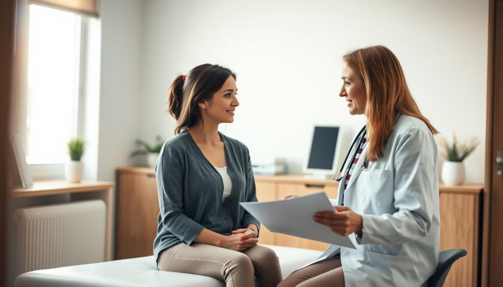 A clean, well-lit doctor's office interior, with a modern, minimalist design. In the center of the frame, a woman sits on an examination table, focused and calm. Beside her, a sympathetic doctor in a white coat gestures as they discuss medical documents. The background is softly blurred, emphasizing the private, professional nature of the scene. Warm, natural lighting filters in from a window, casting a gentle glow on the figures. The overall mood is one of trust, care, and the responsible handling of a sensitive health matter.
