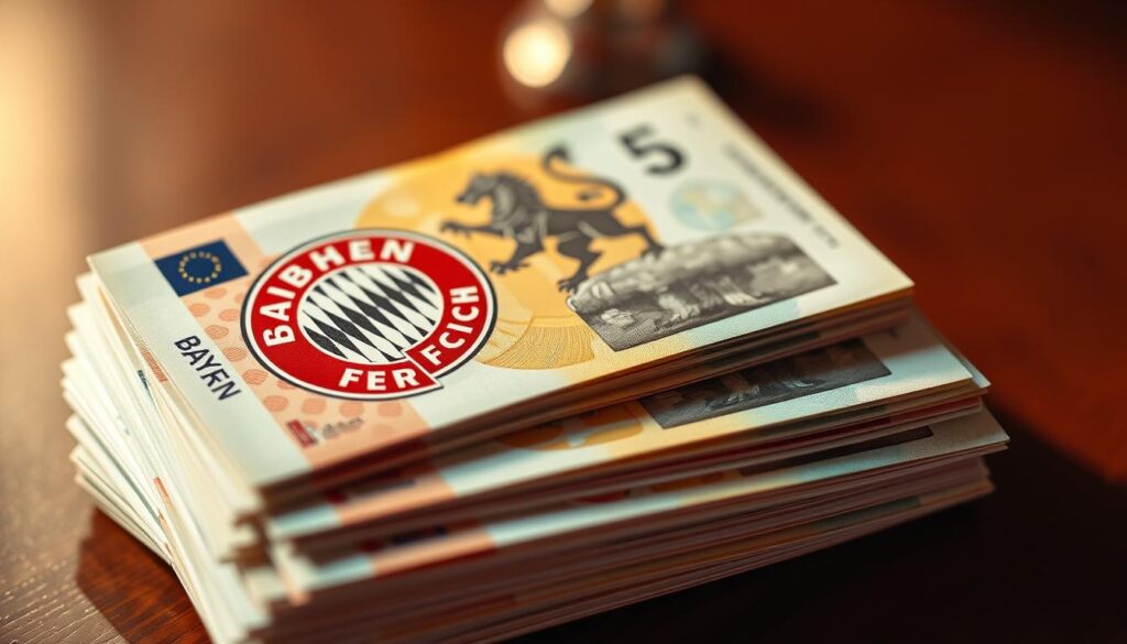 A close-up shot of a stack of euro banknotes, prominently featuring the crest and colors of the Bayern Munich football club. The lighting is soft and warm, casting subtle shadows that accentuate the texture and depth of the bills. The focus is sharp, drawing the viewer's attention to the intricate details and design of the currency. The background is blurred, suggesting a high-end, luxurious setting. The overall mood conveys a sense of affluence, success, and the financial rewards associated with playing for one of Europe's most prestigious and successful football clubs.