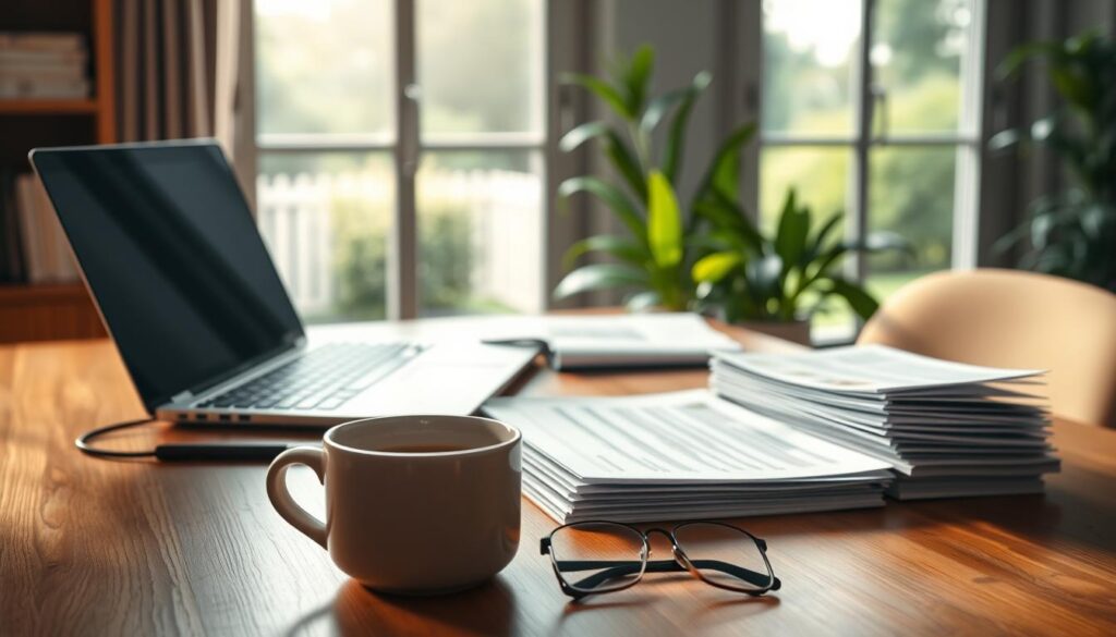 A cozy home office setting with a wooden desk, a laptop, and a stack of financial documents. In the foreground, a mug of steaming coffee and a pair of reading glasses. The background features a large window overlooking a serene garden, with soft natural light filtering in. The overall mood is one of focus and productivity, capturing the essence of practical guidance on navigating social welfare regulations. The scene is rendered in a detailed, photorealistic style with a shallow depth of field, emphasizing the key elements.