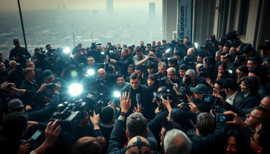A crowded, chaotic scene of paparazzi and media frenzy, capturing the essence of public scrutiny and scandal. In the center, a lone figure stands, surrounded by a swarm of cameras, microphones, and prying eyes. The foreground is a blur of movement, with flashing lights and frantic gestures, conveying the intense pressure and invasive nature of the spotlight. The middle ground reveals a sea of reporters, their faces obscured, their focus solely on the subject at the center. The background is a hazy, indistinct cityscape, suggesting the wider public arena in which this drama unfolds. The lighting is harsh and unforgiving, casting dramatic shadows and highlighting the tension and unease of the moment. The overall mood is one of sensationalism, with a sense of the individual being consumed by the relentless pursuit of public attention.