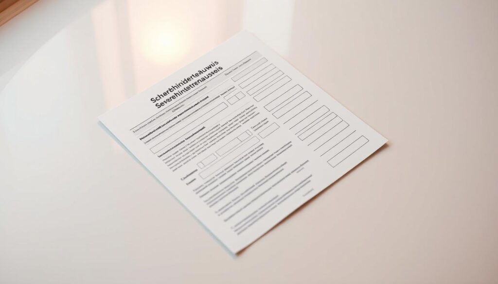 A detailed and well-organized application form for a German Severe Disability ID Card, or "Schwerbehindertenausweis", rests on a clean, minimalist surface. The form features clear section headings, concise fields, and a thoughtful layout that guides the user through the process. Soft, indirect lighting casts a warm, professional glow, conveying the gravity and importance of this official document. The scene evokes a sense of diligence and care, reflecting the patient advocacy and accessibility needs of those seeking this identification. The overall mood is one of clinical efficiency tempered by compassion, setting the stage for the "Schwerbehinderung Arthrose" article's exploration of rights and benefits for those living with severe disability.