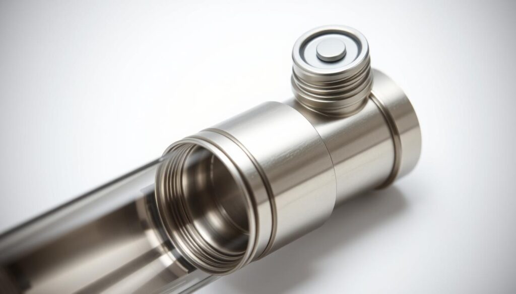A detailed cross-section view of a classic stainless steel thermos flask, showcasing its internal components. The foreground depicts the main body of the thermos, with a transparent outer shell revealing the inner vacuum-sealed chamber. The middle ground highlights the screw-on lid mechanism, featuring a tight-fitting seal and a push-button release. In the background, the thermos is resting on a minimal white surface, allowing the engineering details to take center stage. The lighting is soft and even, accentuating the metallic finishes and the intricate construction. The overall mood is one of functional elegance, inviting the viewer to appreciate the thoughtful design behind this everyday household item.