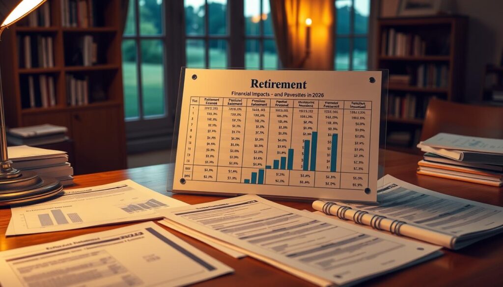 A detailed financial chart depicting the financial impacts of retirement in 2026. The chart is displayed on a wooden desk, illuminated by warm, soft lighting that casts a gentle glow. In the foreground, a variety of financial documents, including pension statements and investment reports, are neatly arranged. The middle ground features the main chart, presenting key figures, projections, and analysis of retirement income, expenses, and potential savings. The background showcases a calm, office-like setting, with a tasteful bookshelf and a window providing a view of a tranquil, outdoor landscape, creating an atmosphere of thoughtful financial planning.