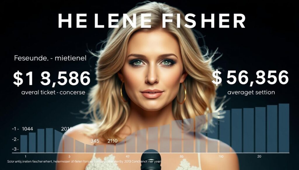 A detailed, high-resolution image of Helene Fischer's annual and per-concert earnings, presented in a sleek, data-driven style. The foreground features a clean, minimalist infographic displaying key financial statistics, such as total annual revenue, average ticket price, and number of concerts per year. The middle ground showcases a striking portrait of Helene Fischer, captured with natural lighting and a shallow depth of field, conveying her success and prominence as a top-tier German pop singer. The background frames the scene with a subtle, elegant gradient, creating a sense of sophistication and wealth. The overall composition strikes a balance between informative data visualization and the glamorous persona of the artist, reflecting the subject matter of the article section.