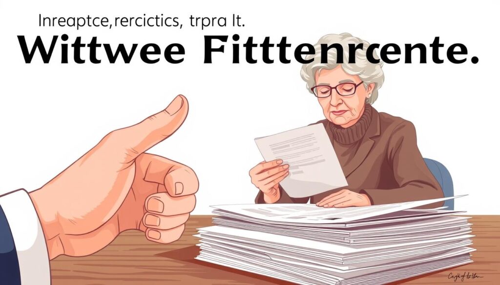 A detailed illustration showcasing practical tips for navigating the Witwenrente (widow's pension) system. In the foreground, a refined hand gestures towards a stack of official documents, conveying the careful attention required. The middle ground depicts a thoughtful retiree, poring over financial statements with a look of measured consideration. In the background, a warm, muted palette evokes a sense of stability and security, complementing the serious yet approachable tone. Soft lighting casts a gentle glow, creating an atmosphere of trust and guidance. The composition emphasizes the importance of understanding one's rights and responsibilities within the complex realm of widow's pension benefits.