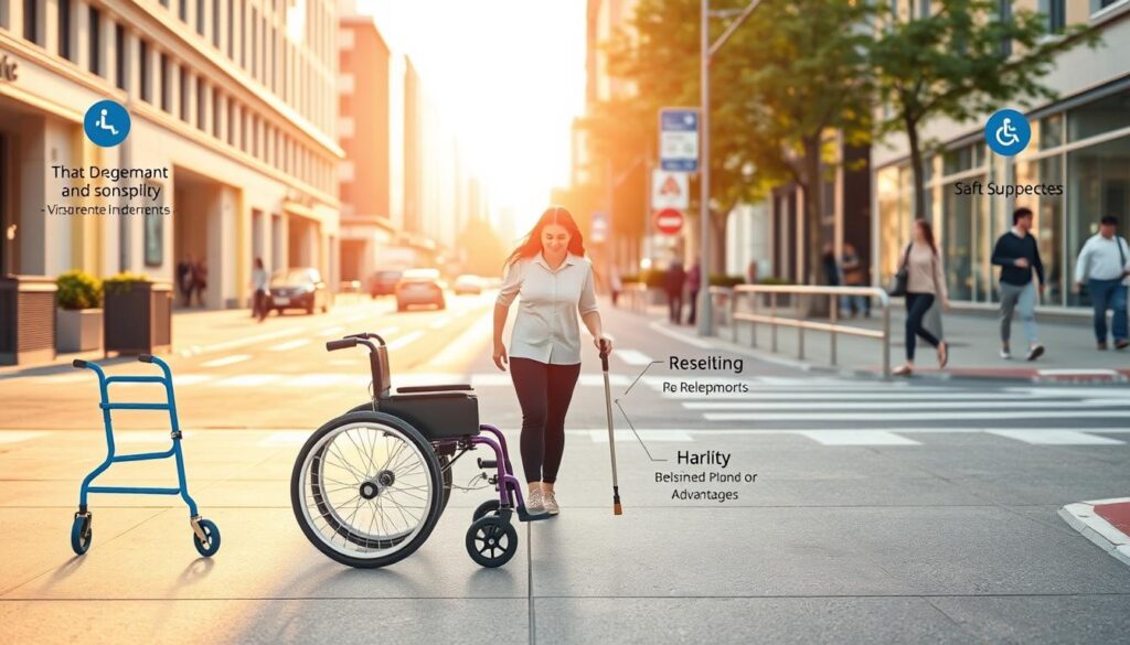 A detailed, realistic illustration of the key benefits and advantages provided by the "G" designation on a disabled person's identification card. Depicted in a clean, minimalist style with a focus on simplicity and clarity. Prominent in the foreground are various mobility aids and assistive devices, such as a wheelchair, walker, and cane, showcasing their importance for individuals with significant mobility impairments. In the middle ground, a person with a visible disability is shown confidently navigating a city street, benefitting from accessibility features like curb cuts and ramps. The background depicts a vibrant, accessible urban environment with pedestrian-friendly infrastructure. Warm, natural lighting casts a sense of positivity and empowerment. The overall mood conveys the enhanced freedom, independence, and social inclusion enabled by the "G" designation.