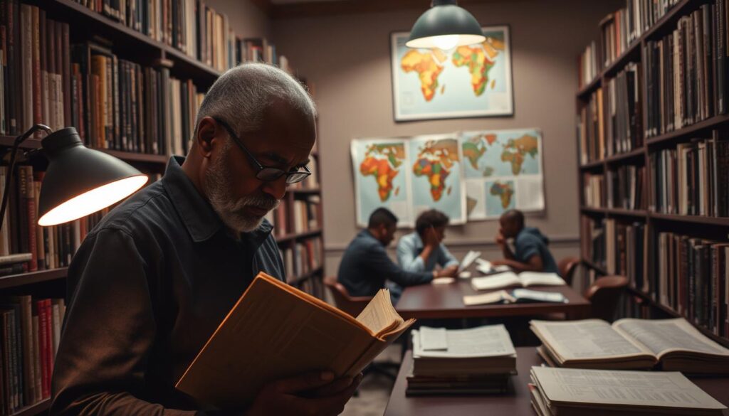 A dimly lit academic library, shelves brimming with books on African history, politics, and culture. In the foreground, a professor deeply engrossed in a weathered tome, light from a nearby lamp casting warm shadows across their face. The middle ground reveals students gathered around a large table, engaged in animated discussion, reference materials spread out before them. In the background, a wall-mounted display showcases vibrant artwork and maps, hinting at the breadth of African studies scholarship. The atmosphere is one of intellectual curiosity and scholarly pursuit, inviting the viewer to immerse themselves in this rich academic environment.