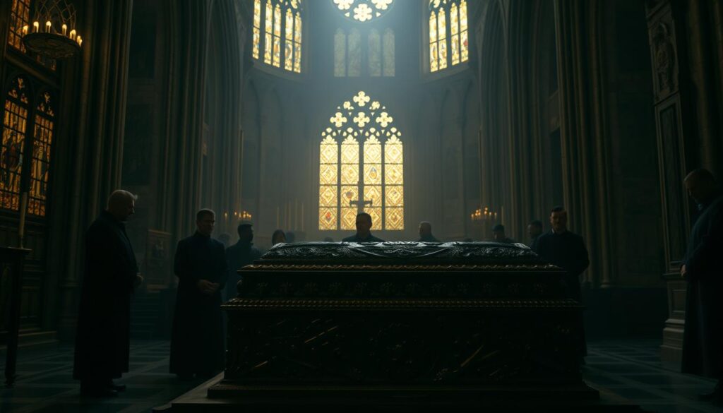 A dimly lit cathedral interior, the ornate tomb of Hildegard von Bingen standing solemnly in the foreground. Stained glass windows cast a warm, reverent glow, illuminating the intricate carvings and gilded details of the sarcophagus. In the middle ground, shadowy figures stand in reverent contemplation, their faces obscured by the somber atmosphere. The background fades into a sense of timeless mystery, hinting at the enduring legacy and influence of this remarkable woman - a pioneering scholar, visionary, and saint. The image conveys a palpable air of gravitas and reverence, capturing the profound impact of Hildegard's life and the lasting mark she has left on the world.