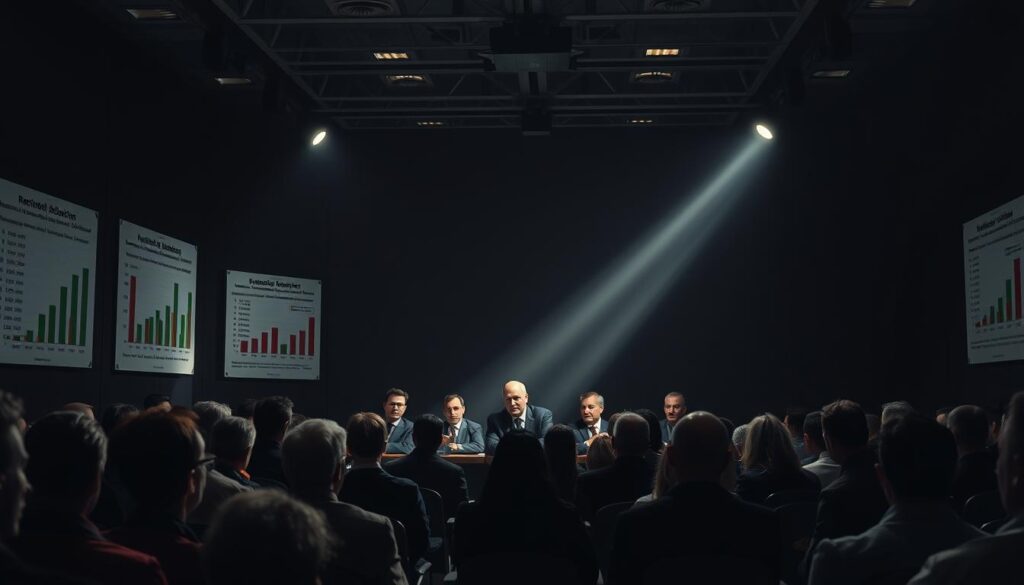 A dimly lit conference room, the walls adorned with charts and graphs depicting reductions in social welfare benefits. In the center, a panel of stern-faced government officials, their expressions betraying the gravity of the decisions they must make. Beams of light slice through the shadows, casting dramatic shadows on the anxious faces of citizens awaiting their fate. The air is thick with tension, a palpable sense of unease as the ramifications of these "Kürzungen der Regelsätze" are weighed and debated. The scene conveys the high-stakes, emotionally-charged nature of this policy change and its impact on the lives of the most vulnerable members of society.