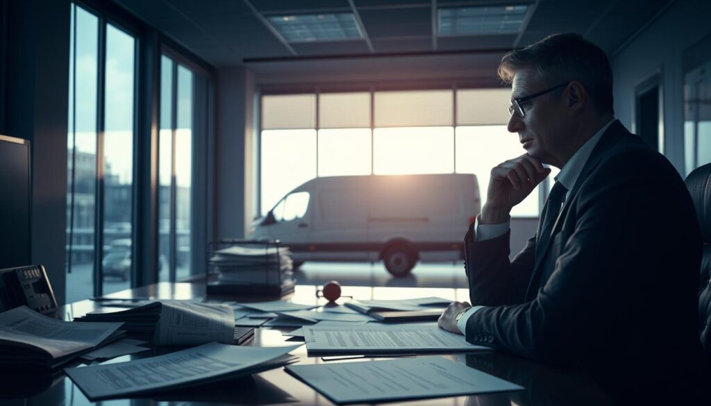 A dimly lit corporate office, the air thick with a sense of unease. On the desk, scattered papers and reports hint at the reasons behind the decision to cease delivery services. A lone executive, their expression pensive, contemplates the challenges that led to this strategic shift. The office windows cast a somber glow, reflecting the gravity of the situation. Subtle details, such as an empty delivery van in the background or a discarded logistics plan, further emphasize the gravity of the decision. The scene conveys a sense of pragmatic necessity, tempered by the weight of the decision and its impact on the business and its customers.