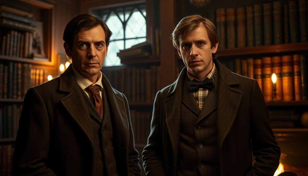 A dimly lit, cozy study in 19th century London. In the foreground, Dr. Watson, a distinguished gentleman in a tweed suit, stands beside the iconic Sherlock Holmes, his penetrating gaze fixed as he deduces some hidden truth. Warm firelight casts a soft glow, illuminating the two men's faces and the volumes of books lining the shelves behind them. An air of quiet companionship and intellectual curiosity permeates the scene, reflecting the loyal partnership between the detective and his steadfast friend and chronicler.