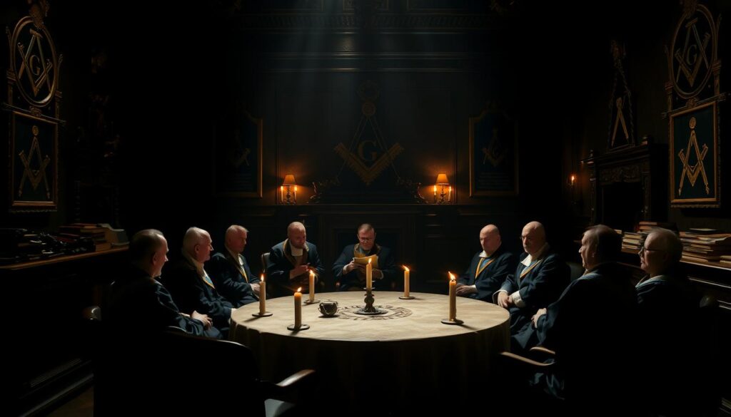 A dimly lit masonic lodge, the walls adorned with symbolic regalia and ancient tomes. In the center, a round table where robed figures sit, deep in discussion. Chiaroscuro lighting casts dramatic shadows, suggesting an air of secrecy and intrigue. The atmosphere is one of contemplation and quiet power, hinting at the complex relationship between the Freemasons and the political realm. Soft candlelight illuminates the scene, creating a sense of timelessness and a hint of the esoteric. The overall composition conveys a mood of quiet influence, where the Freemasons' neutrality and potential for surreptitious power are subtly suggested.