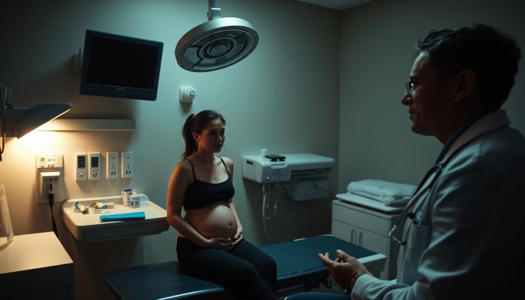 A dimly lit medical examination room with clinical equipment and supplies. A pregnant woman sits on an examination table, her expression pensive, as a doctor discusses her options for a government-covered abortion procedure. Soft lighting casts shadows and highlights the seriousness of the situation. The room conveys a sense of privacy, empathy, and professionalism as the medical professionals explain the covered costs and process. The atmosphere is one of compassionate care, with a focus on the woman's well-being and the legality of the procedure.