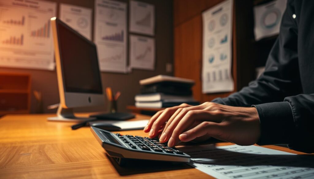 A dimly lit office setting with a wooden desk, a computer monitor, and a calculator. In the foreground, a person's hands are working on the calculator, meticulously inputting numbers and formulas. The walls are adorned with charts and graphs, providing visual aids for understanding the intricacies of unemployment benefit calculations. The lighting is warm and focused, creating a contemplative atmosphere as the subject delves into the complex task of determining the appropriate unemployment compensation. The scene conveys a sense of diligence and attention to detail, reflecting the importance of accurately calculating this critical financial assistance.