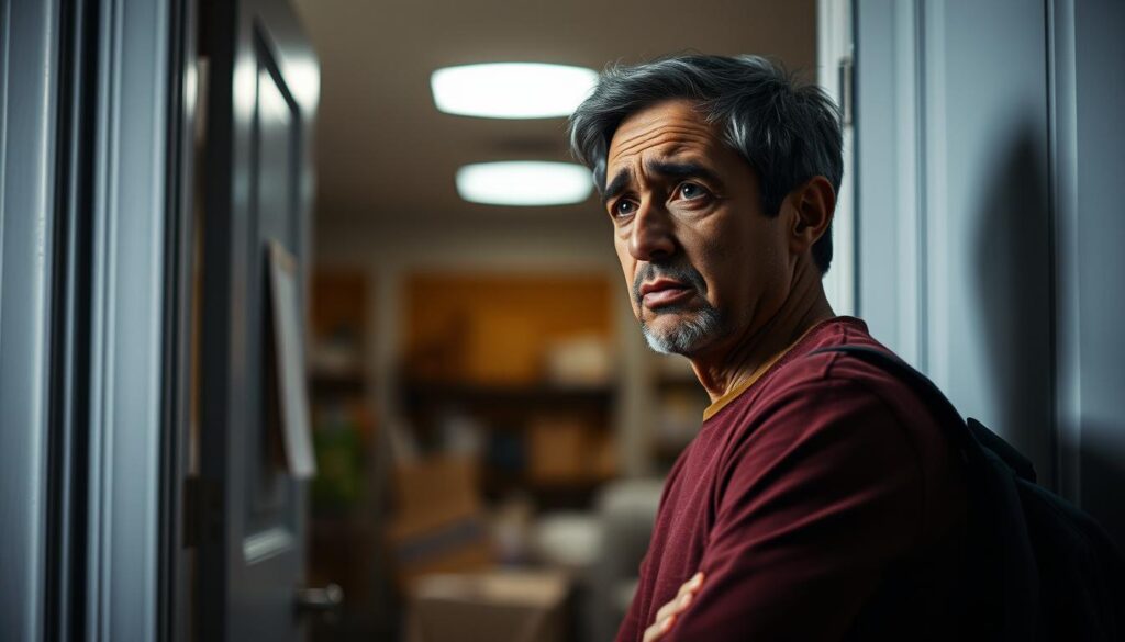 A disappointed customer standing in an empty doorway, their face etched with frustration as they contemplate the absence of the expected home delivery service. The scene is bathed in muted tones, conveying a sense of disappointment and a longing for the convenience they have lost. The background is blurred, focusing the viewer's attention on the customer's expressive reaction, captured in a cinematic, low-angle shot that emphasizes the emotional impact of this change in service. The lighting is subdued, casting subtle shadows that add depth and a sense of melancholy to the image.