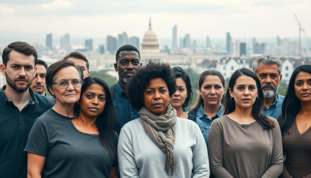 A diverse group of people, representing different demographics, standing together against a backdrop of a modern city skyline. The foreground features a mix of ages, genders, and ethnicities, each individual with a thoughtful, concerned expression. The middle ground shows urban architecture, with a focus on government buildings and public spaces. The background is a panoramic view of the cityscape, hinting at the broader societal implications. Soft, diffused lighting creates a contemplative mood, emphasizing the gravity of the situation. The composition is balanced, with the human subjects occupying a central focus, drawing the viewer's attention to the "affected groups" at the heart of the scene.