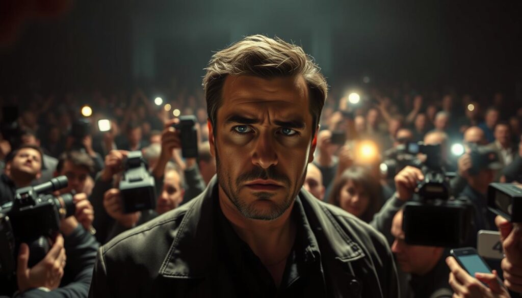 A dramatic scene of Chris Broy embroiled in a public scandal, captured in a high-contrast, cinematic style. In the foreground, Broy stands defiantly, his expression tense and weathered, surrounded by a swarm of relentless paparazzi. Their cameras flash like a barrage of gunfire, casting harsh shadows across his face. The middle ground is a blur of motion, with journalists and onlookers jostling for a better view. In the dimly lit background, a imposing, faceless crowd looms, creating a sense of isolation and vulnerability. The lighting is dramatic, with deep shadows and highlights that accentuate the tension and turmoil of the moment. The overall atmosphere is one of intense scrutiny, public pressure, and the weight of Broy's personal scandals.