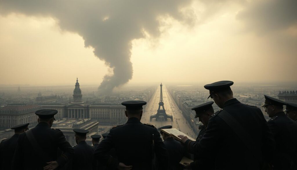 A dramatic scene of the July Crisis in 1914, as tensions boil over into the outbreak of World War I. In the foreground, a group of anxious military officers in crisp uniforms pore over maps and documents, their expressions tense with the weight of impending conflict. The middle ground is dominated by a looming, ominous cloud of dark gray smoke, hinting at the devastation to come. In the background, a panoramic view of a bustling European city, its streets empty save for the distant rumble of mobilizing troops. Diffused natural light filters through the haze, casting an eerie, foreboding glow over the entire scene. An atmosphere of dread and uncertainty pervades, as the world teeters on the brink of the Great War.