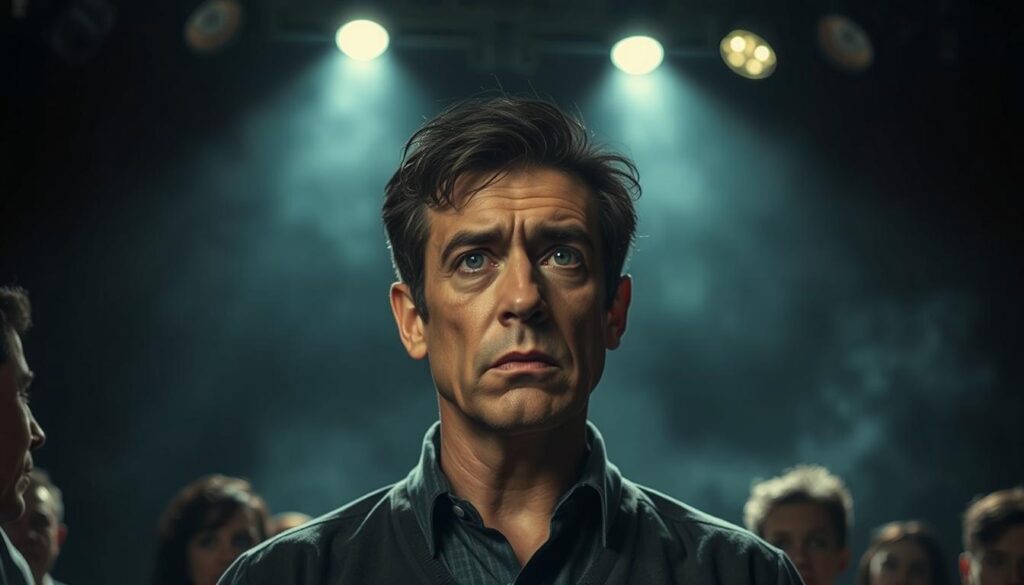 A dramatic scene unfolding on a dimly lit stage, the spotlight illuminating a figure embroiled in public controversy. Whispers and accusations swirl in the background, creating an atmosphere of tension and unease. The subject's expression is one of conflicted emotions, a mixture of defiance and vulnerability. Overhead lighting casts dramatic shadows, adding depth and intensity to the composition. The background is hazy, allowing the central figure to take center stage, the focus of all eyes. This image captures the essence of scandal and public scrutiny, a powerful visual representation of the topic at hand.