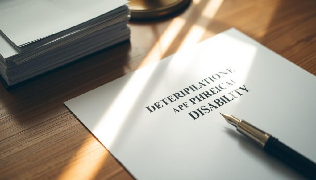 A formal legal document titled "Application for Determination of Degree of Disability" rests on a wooden desk, partially obscured by a shaft of warm, directional light. The document's header and title are legibly visible, conveying the gravitas of the subject matter. The desk surface is uncluttered, save for a well-worn fountain pen and a stack of documents, hinting at the bureaucratic process. The background is softly blurred, placing the focus entirely on the application form as the central subject. The overall mood is one of seriousness and administrative formality, befitting the sensitive nature of the disability determination process.