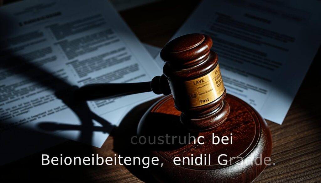 A gavel striking a wooden surface, casting dramatic shadows against a textured backdrop of legal documents and forms. The scene conveys a sense of unease and conflict, as the juxtaposition of the authoritative gavel and the bureaucratic paperwork suggests a tense negotiation or decision-making process. The lighting is moody, with chiaroscuro effects highlighting the key elements and lending an air of gravity to the scene. The overall composition emphasizes the weight and importance of the subject matter, inviting the viewer to consider the complexities and challenges faced in addressing "Widerspruch GdB" within the context of the article's focus on "Pauschbeiträge bei Behinderung nach Graden."
