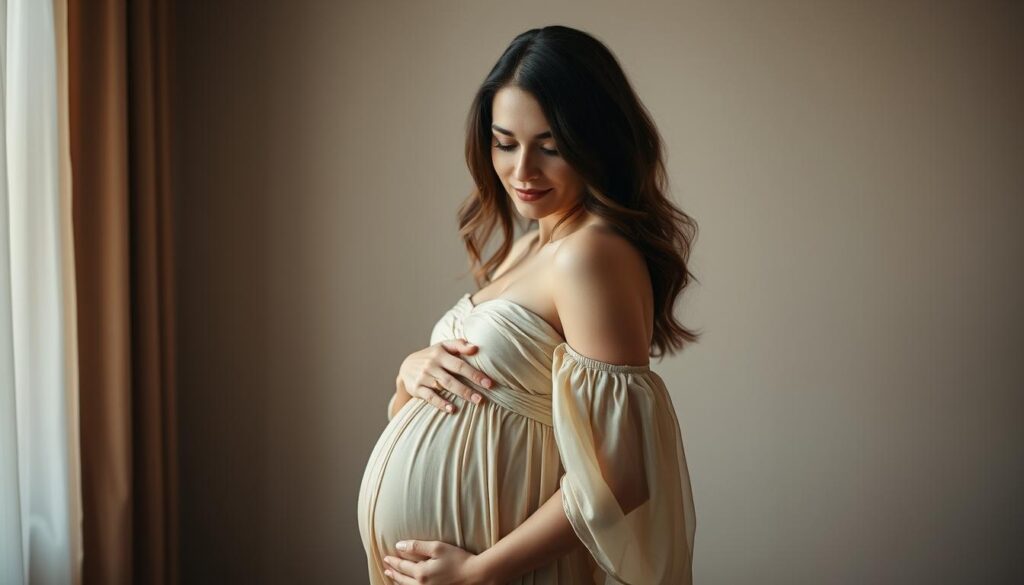 A glamorous, pregnant Tanja Makarić poses gracefully, cradling her growing belly. Her elegant, flowing dress shimmers in the soft, natural lighting. The background is blurred, drawing focus to her serene, radiant expression. Captured at a slight angle, the image conveys a sense of intimacy and personal connection. Subtle, warm tones and a dreamy, romantic atmosphere evoke the joy and anticipation of this special moment in Tanja's life.