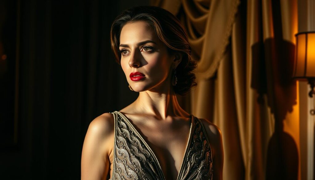 A glamorous woman in a shimmering evening gown stands in a dimly lit, opulent room, the soft light casting dramatic shadows across her face. Her expression is enigmatic, hinting at the hidden scandals and passionate love affairs that have shaped her private life. In the background, a lush, velvet curtain billows, suggesting the drama and intrigue that have unfolded behind closed doors. The scene is captured with a cinematic, high-contrast lens, evoking the allure and mystery of this captivating figure, Tanja Makarić, whose life has become the subject of intense public fascination.