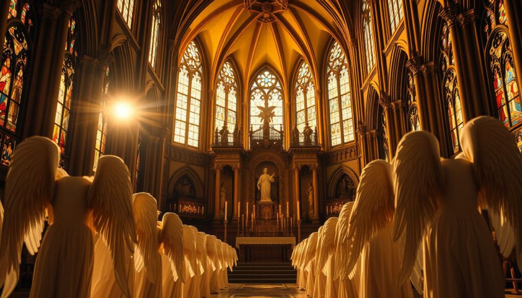 A grand cathedral-like setting, bathed in warm, golden light filtering through stained glass windows. In the foreground, a procession of angelic figures in flowing, ethereal robes, their faces serene and luminous. In the middle ground, a large, ornate altar adorned with intricate carvings and flickering candles. The background reveals a vast, vaulted ceiling, with delicate architectural details and a sense of heavenly grandeur. The scene conveys a reverent, mystical atmosphere, capturing the timeless essence of "Die Geschichte der Engel".