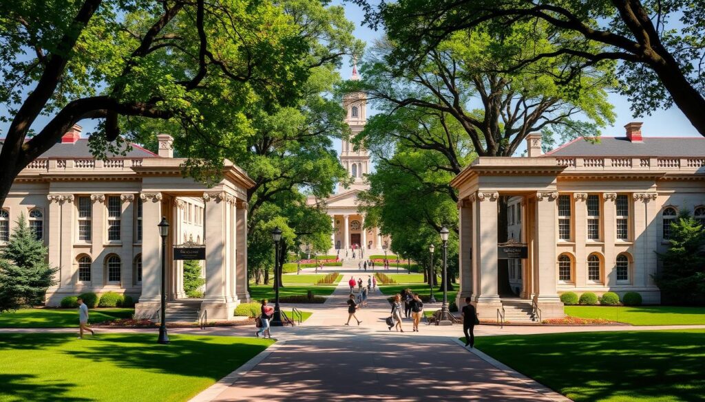 A grand, majestic campus nestled in the heart of Bloomington, Indiana. The iconic Sample Gates stand tall, welcoming visitors to the prestigious Indiana University, a bastion of academic excellence. The limestone buildings gleam in the warm Midwestern sun, their neoclassical architecture a testament to the institution's rich history. Students hustle across the picturesque paths, their energy and enthusiasm palpable. In the distance, the iconic Indiana Memorial Union rises, its clock tower a symbol of the university's unwavering tradition. The lush, verdant grounds are dotted with towering elm trees, providing a serene backdrop for this renowned center of learning and discovery. A sense of intellectual curiosity and scholarly pursuit permeates the air, making this campus the perfect setting to explore the academic career of the esteemed Douglas Richard Hofstadter.