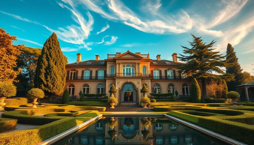 A grand, opulent villa nestled amidst lush, verdant gardens, its stately façade bathed in warm, golden sunlight. Manicured hedges and winding paths lead to an ornate, wrought-iron gate, hinting at the hidden splendor within. Tall, arched windows offer glimpses of luxurious interiors, where rich, ornate furnishings and sparkling chandeliers suggest a life of extravagance and temptation. The villa's elegant silhouette is mirrored in a tranquil, reflecting pool, creating a sense of timeless, refined sophistication. Wispy clouds dot the azure sky, while a gentle breeze rustles the swaying trees, evoking a serene, idyllic atmosphere that belies the scandalous secrets that may lie within.